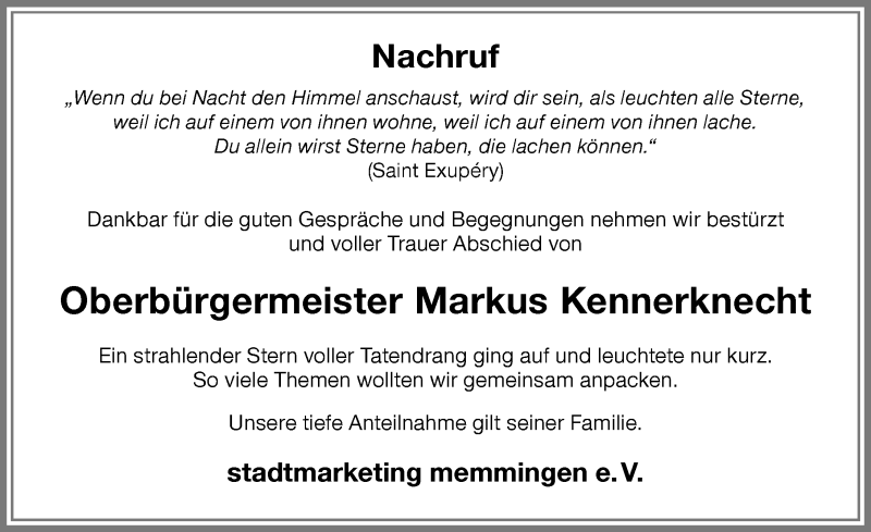  Traueranzeige für Markus Kennerknecht vom 31.12.2016 aus Memminger Zeitung