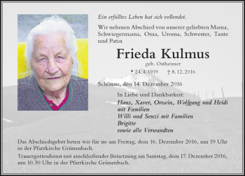 Traueranzeige von Frieda Kulmus von Der Westallgäuer