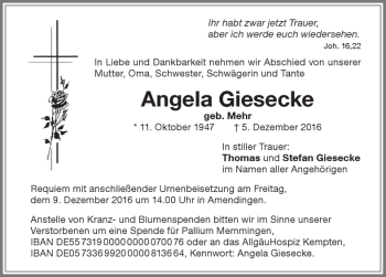 Traueranzeige von Angela Giesecke von Memminger Zeitung