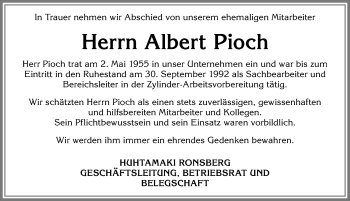 Traueranzeige von Albert Pioch von Allgäuer Zeitung