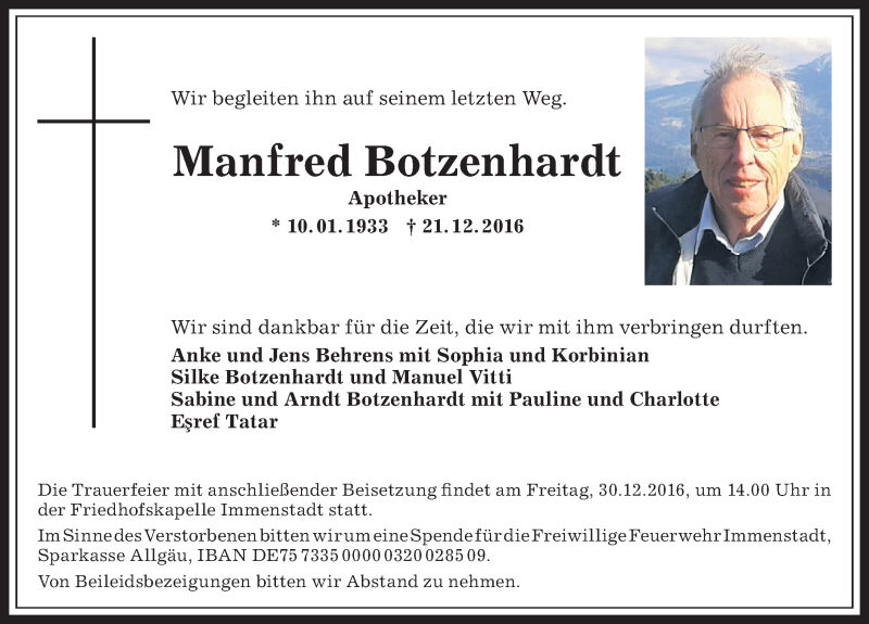  Traueranzeige für Manfred Botzenhardt vom 24.12.2016 aus Allgäuer Zeitung