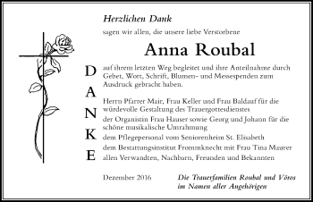 Traueranzeige von Anna Roubal von Der Westallgäuer