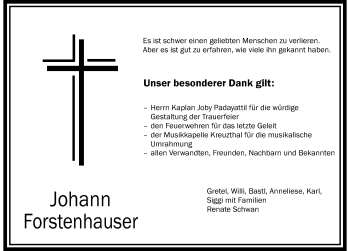 Traueranzeige von Johann Forstenhauser von Allgäuer Zeitung,Kempten