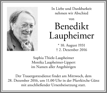 Traueranzeige von Benedikt Laupheimer von Memminger Zeitung