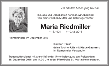 Traueranzeige von Maria Riedmiller von Memminger Zeitung