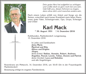 Traueranzeige von Karl Mack von Allgäuer Zeitung, Marktoberdorf