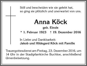 Traueranzeige von Anna Köck von Allgäuer Zeitung, Kaufbeuren/Buchloe