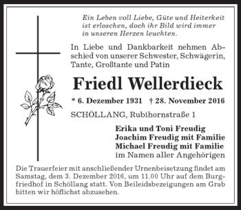 Traueranzeige von Friedl Wellerdieck von Allgäuer Anzeigeblatt