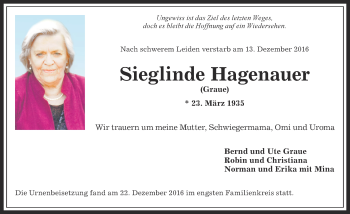 Traueranzeige von Sieglinde Hagenauer von Allgäuer Zeitung,Kempten