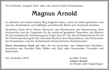 Traueranzeige von Magnus Arnold von Allgäuer Zeitung, Marktoberdorf