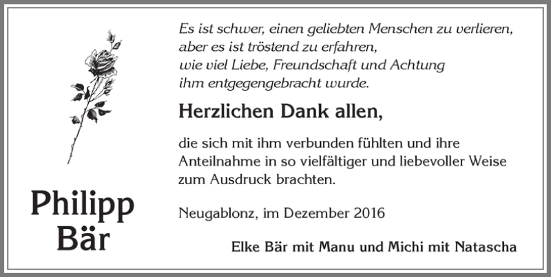  Traueranzeige für Philipp Bär vom 10.12.2016 aus Allgäuer Zeitung, Kaufbeuren/Buchloe