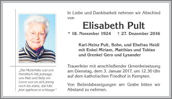 Traueranzeige von Elisabeth Pult von Allgäuer Zeitung,Kempten