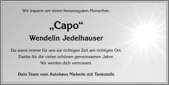 Traueranzeige von Wendelin Jedelhauser von Allgäuer Zeitung, Kaufbeuren/Buchloe
