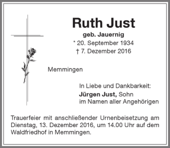Traueranzeige von Ruth Just von Memminger Zeitung