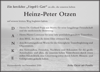 Traueranzeige von Heinz-Peter Otzen von Der Westallgäuer