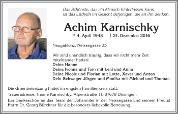 Traueranzeige von Achim Karnischky von Allgäuer Zeitung, Kaufbeuren/Buchloe