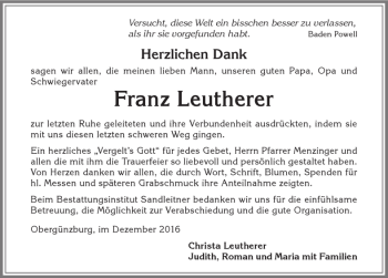 Traueranzeige von Franz Leutherer von Allgäuer Zeitung, Marktoberdorf
