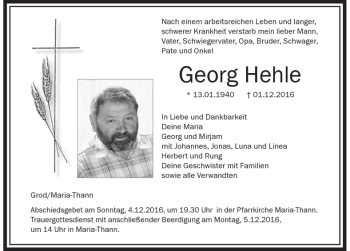 Traueranzeige von Georg Hehle von Der Westallgäuer