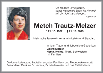 Traueranzeige von Metch Trautz-Melzer von Memminger Zeitung