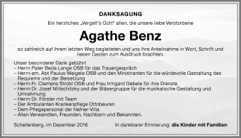 Traueranzeige von Agathe Benz von Memminger Zeitung