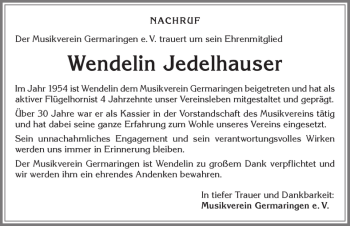 Traueranzeige von Wendelin Jedelhauser von Allgäuer Zeitung, Kaufbeuren/Buchloe