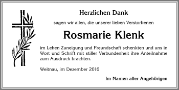 Traueranzeige von Rosmarie Klenk von Allgäuer Zeitung,Kempten