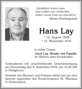 Traueranzeige von Hans Lay von Allgäuer Zeitung,Kempten