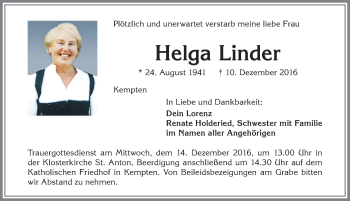 Traueranzeige von Helga Linder von Allgäuer Zeitung,Kempten