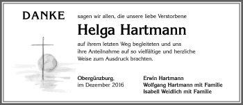 Traueranzeige von Helga Hartmann von Allgäuer Zeitung, Marktoberdorf
