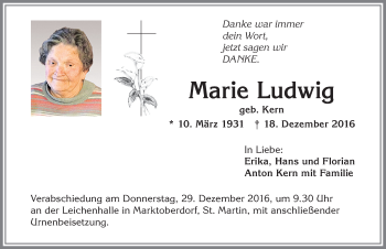 Traueranzeige von Marie Ludwig von Allgäuer Zeitung, Marktoberdorf