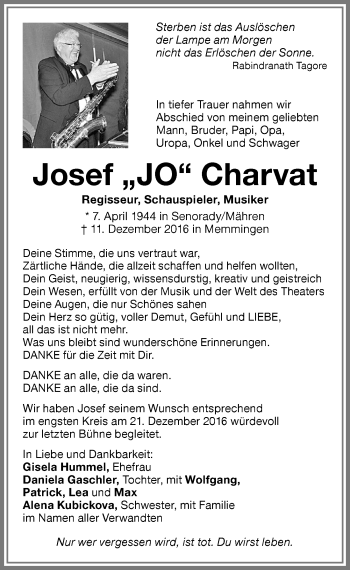 Traueranzeige von Josef Charvat von Memminger Zeitung