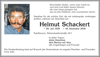 Traueranzeige von Helmut Schackert von Allgäuer Zeitung, Kaufbeuren/Buchloe