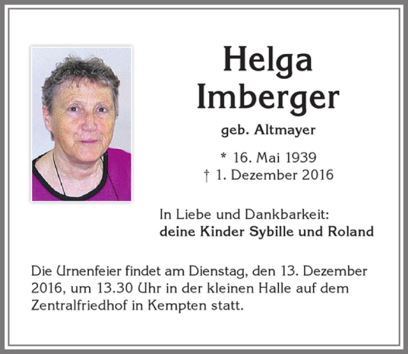  Traueranzeige für Helga Imberger vom 10.12.2016 aus Allgäuer Zeitung,Kempten