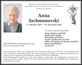 Traueranzeige von Anna Jachmanovski von Allgäuer Anzeigeblatt