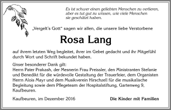 Traueranzeige von Rosa Lang von Allgäuer Zeitung, Kaufbeuren/Buchloe