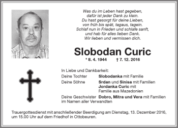 Traueranzeige von Slobodan Curic von Memminger Zeitung