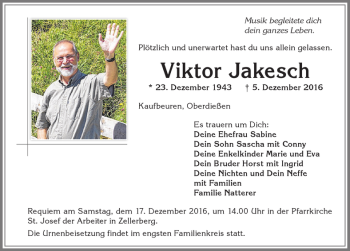 Traueranzeige von Viktor Jakesch von Allgäuer Zeitung, Kaufbeuren/Buchloe