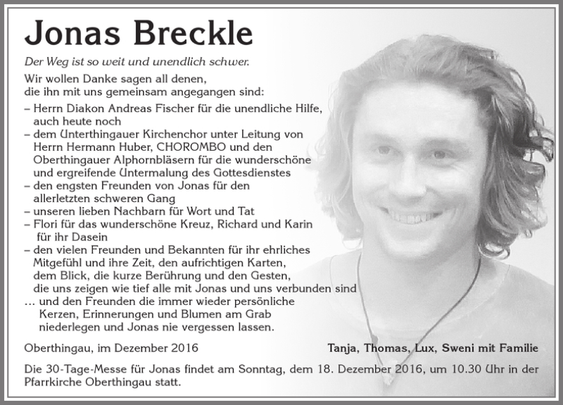  Traueranzeige für Jonas Breckle vom 10.12.2016 aus Allgäuer Zeitung, Marktoberdorf