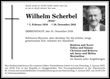Traueranzeige von Wilhelm Scherbel von Allgäuer Anzeigeblatt
