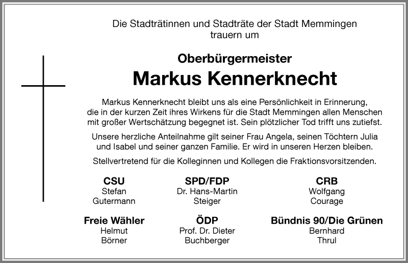  Traueranzeige für Markus Kennerknecht vom 31.12.2016 aus Memminger Zeitung