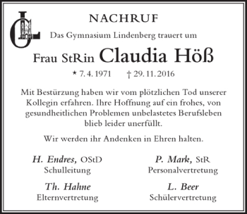 Traueranzeige von Claudia Höß von Der Westallgäuer