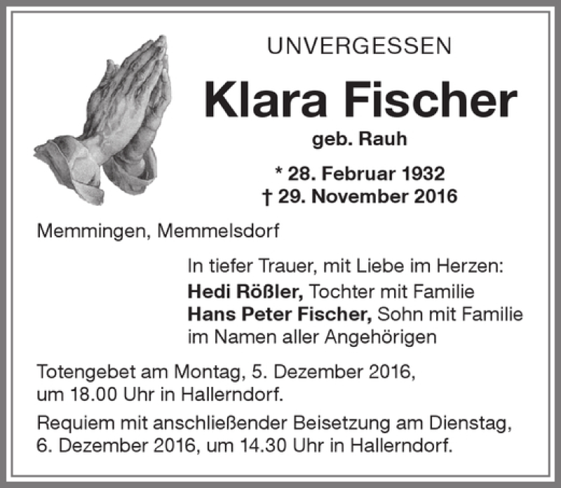  Traueranzeige für Klara Fischer vom 03.12.2016 aus Memminger Zeitung