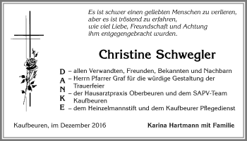 Traueranzeige von Christine Schwegler von Allgäuer Zeitung, Kaufbeuren/Buchloe