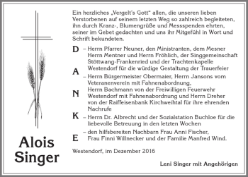 Traueranzeige von Alois Singer von Allgäuer Zeitung, Kaufbeuren/Buchloe