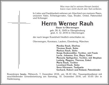 Traueranzeige von Werner Rauh von Allgäuer Zeitung,Kempten
