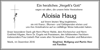 Traueranzeige von Aloisia Haug von Allgäuer Zeitung, Füssen