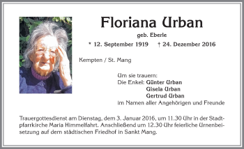 Traueranzeige von Floriana Urban von Allgäuer Zeitung