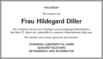 Traueranzeige von Hildegard Diller von Allgäuer Zeitung, Marktoberdorf