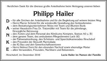 Traueranzeige von Philipp Hailer von Allgäuer Zeitung,Kempten