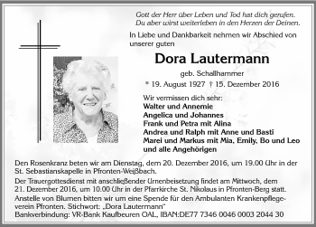 Traueranzeige von Dora Lautermann von Allgäuer Zeitung, Füssen